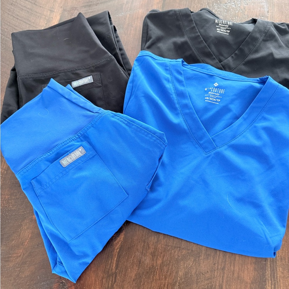 Med Couture Women's Scrub Top and Pants Set in Royal Blue and Black